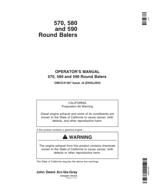 John Deere 570, 580 & 590 Round Balers Operator’s Manual (OMCC41367) Workshop Guide