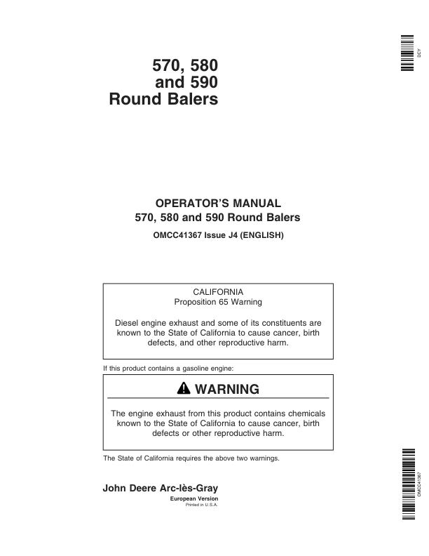 John Deere 570, 580 & 590 Round Balers Operator’s Manual (OMCC41367) Workshop Guide