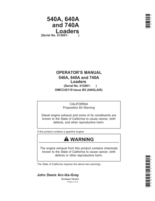 John Deere 540A, 640A, 740A Loaders Operator’s Manual (OMCC42119) Workshop Guide