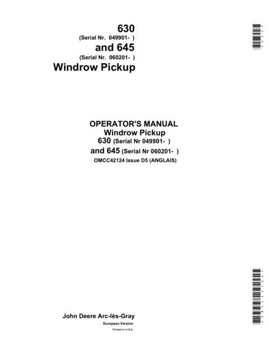 John Deere 630, 645 Windrow Pickup Operator’s Manual (OMCC42124) Workshop Guide