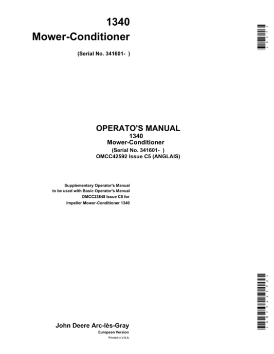 John Deere 1340 Mower-Conditioner Supplement for Machines Operator’s Manual (OMCC42592) Workshop Guide