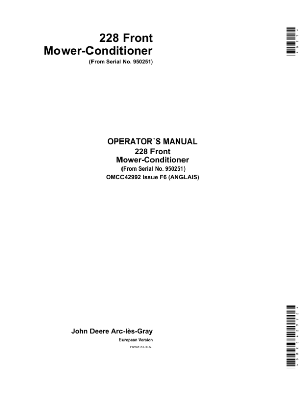 John Deere 228 Front Mower-Conditioner Operator’s Manual (OMCC42992) Workshop Guide