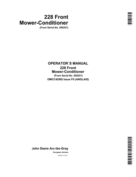 John Deere 228 Front Mower-Conditioner Operator’s Manual (OMCC42992) Workshop Guide