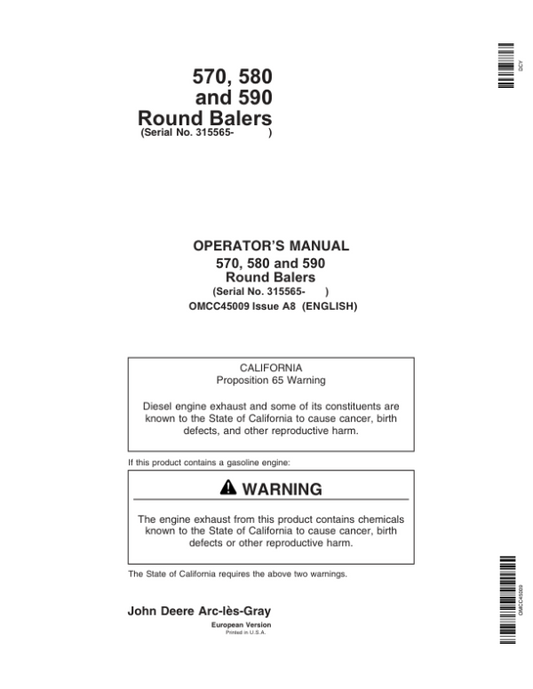 John Deere 570, 580, 590 Round Balers (315565-) Operator’s Manual (OMCC45009) Workshop Guide