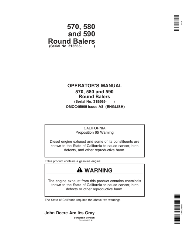 John Deere 570, 580, 590 Round Balers (315565-) Operator’s Manual (OMCC45009) Workshop Guide