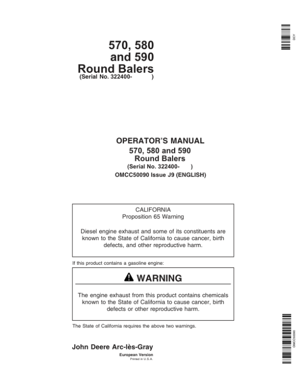 John Deere 570, 580, 590 Round Balers Operator’s Manual (OMCC50090) Workshop Guide