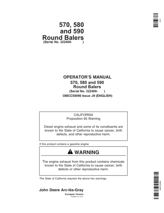 John Deere 570, 580, 590 Round Balers Operator’s Manual (OMCC50090) Workshop Guide