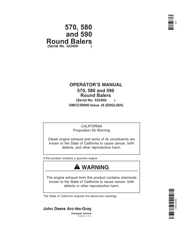 John Deere 570, 580, 590 Round Balers Operator’s Manual (OMCC50090) Workshop Guide