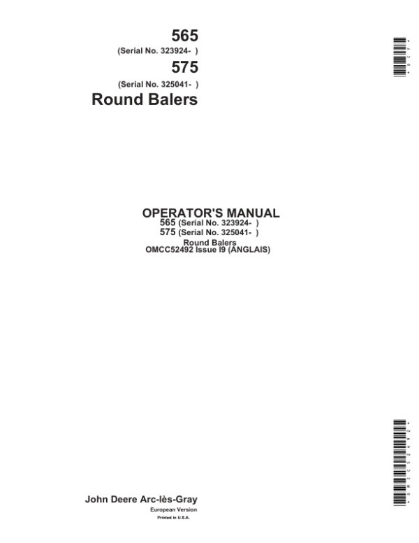 John Deere 565 & 575Round Balers Operator’s Manual (OMCC52492) Workshop Guide