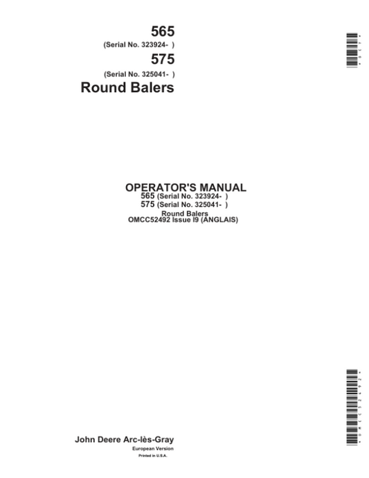 John Deere 565 & 575Round Balers Operator’s Manual (OMCC52492) Workshop Guide