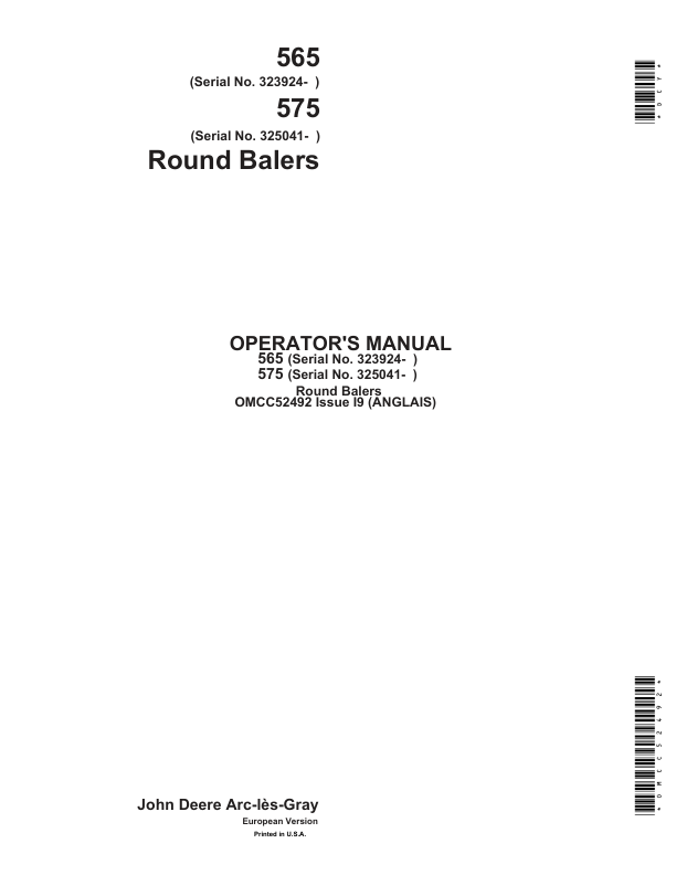 John Deere 565 & 575Round Balers Operator’s Manual (OMCC52492) Workshop Guide