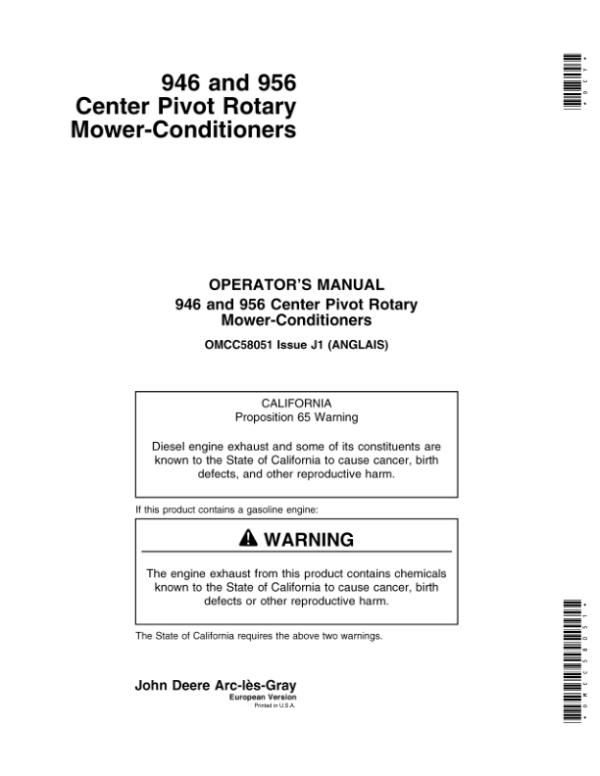 John Deere 946 & 956 Center Pivot Rotary Mower-conditioners Operator’s Manual (OMCC58051) Workshop Guide