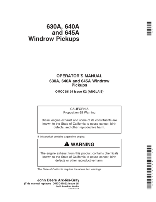 John Deere 630A, 640A, 645A Windrow Pickup Operator’s Manual (OMCC58124) Workshop Guide