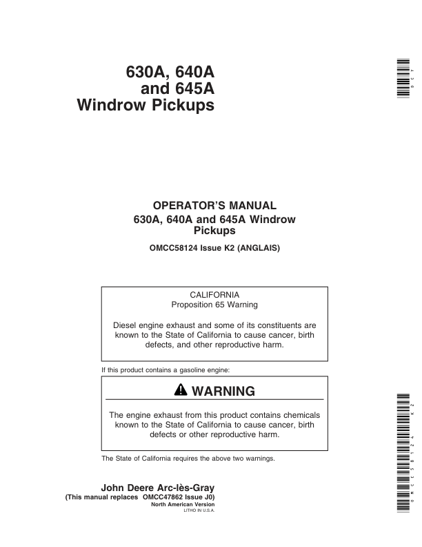 John Deere 630A, 640A, 645A Windrow Pickup Operator’s Manual (OMCC58124) Workshop Guide