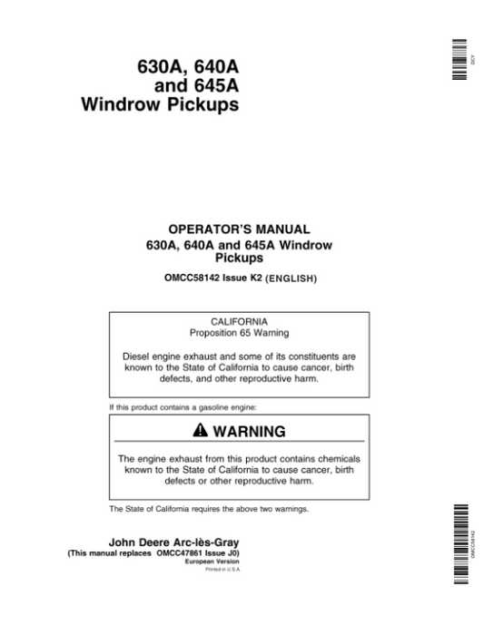 John Deere 630A, 640A & 645A Windrow Pickup Operator’s Manual (OMCC58142) Workshop Guide