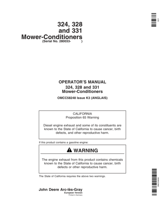 John Deere 324, 328, 331 Mower Conditioner Operator’s Manual (OMCC58248) Workshop Guide