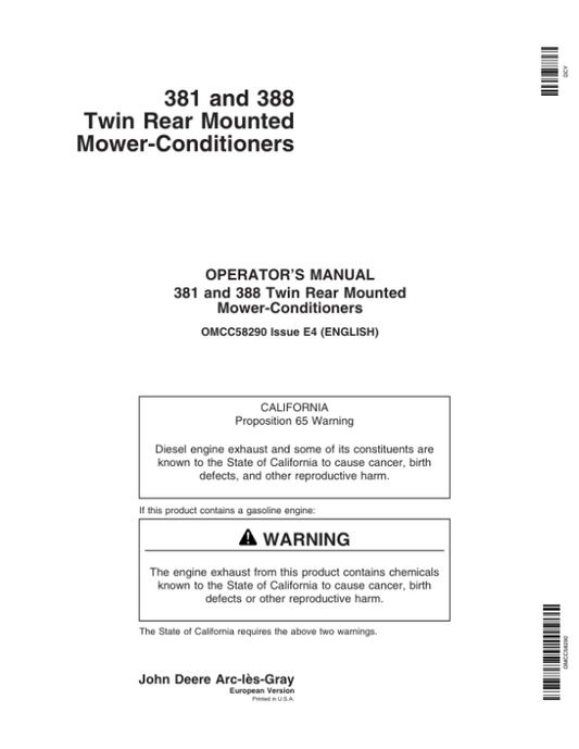 John Deere Double mower / conditioners back of the tractor, type 381, 388 (Ser. -283 699) Operator’s Manual (OMCC58290) Workshop Guide