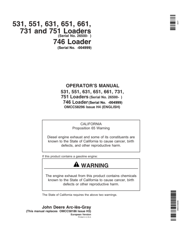 John Deere 531, 551, 631, 651, 661, 731, 751, 746 Loaders Operator’s Manual (OMCC58296) Workshop Guide