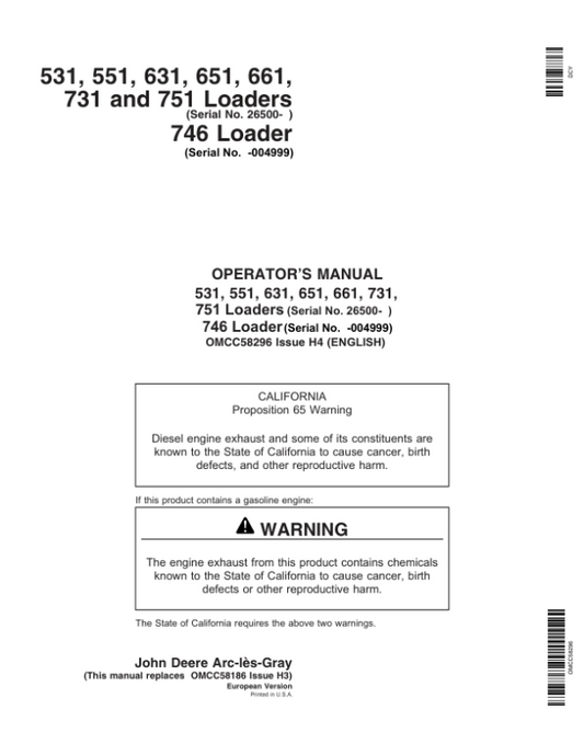 John Deere 531, 551, 631, 651, 661, 731, 751, 746 Loaders Operator’s Manual (OMCC58296) Workshop Guide