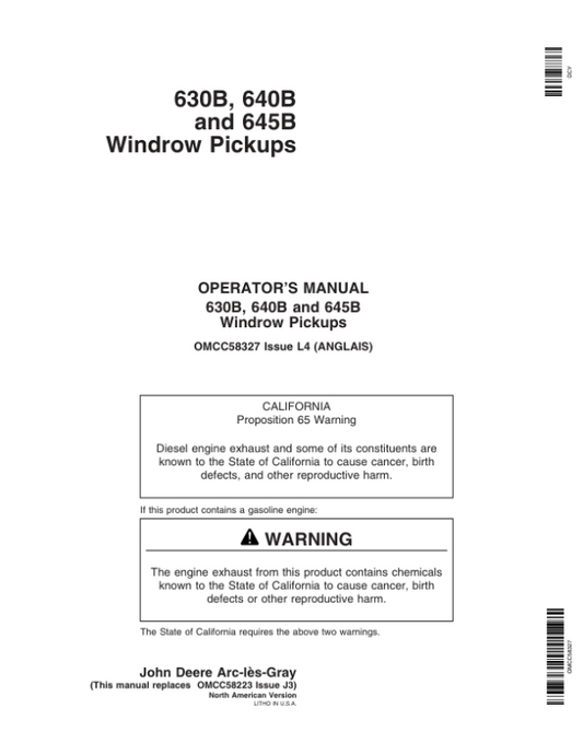 John Deere 630B, 640B, 645B Windrow Pickups (-106482) Operator’s Manual (OMCC58327) Workshop Guide