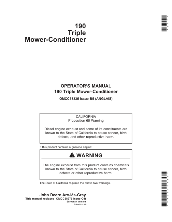 John Deere 190 Triple Mower-Conditioners Operator’s Manual (OMCC58335) Workshop Guide