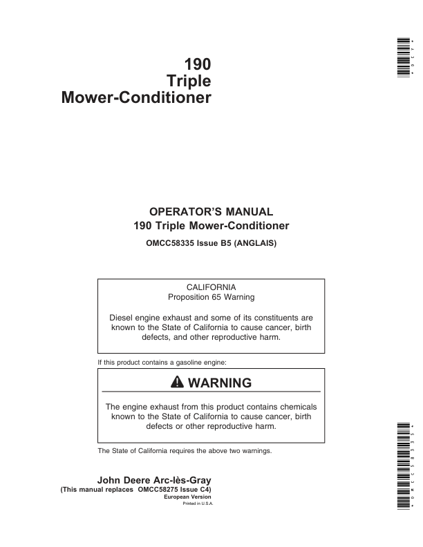 John Deere 190 Triple Mower-Conditioners Operator’s Manual (OMCC58335) Workshop Guide