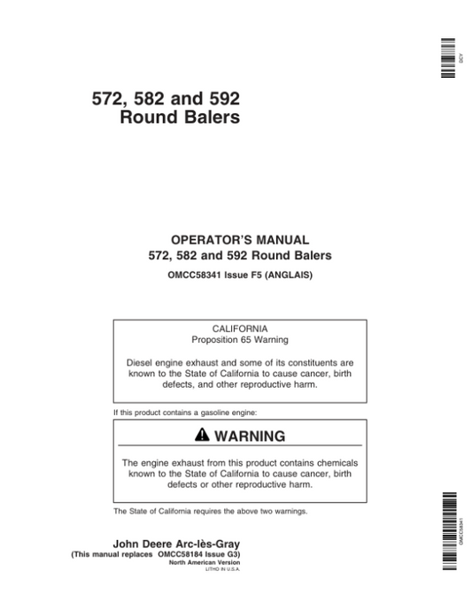 John Deere 572, 582, 592 Round Balers Operator’s Manual (OMCC58341) Workshop Guide
