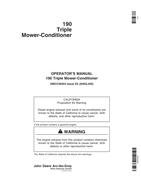 John Deere 190 Triple Mower-Conditioner Operator’s Manual (OMCC58354) Workshop Guide