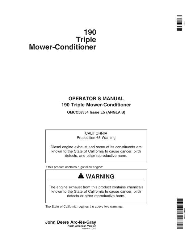 John Deere 190 Triple Mower-Conditioner Operator’s Manual (OMCC58354) Workshop Guide