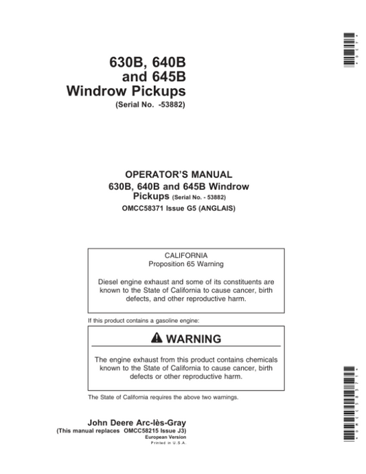 John Deere 630B, 640B & 645B Windrow Pickups Operator’s Manual (OMCC58371) Workshop Guide