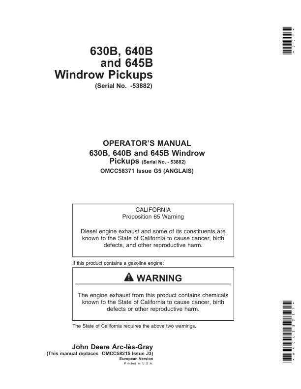 John Deere 630B, 640B & 645B Windrow Pickups Operator’s Manual (OMCC58371) Workshop Guide