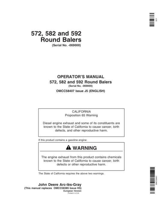 John Deere 572, 582, 592 Round Balers Operator’s Manual (OMCC58407) Workshop Guide