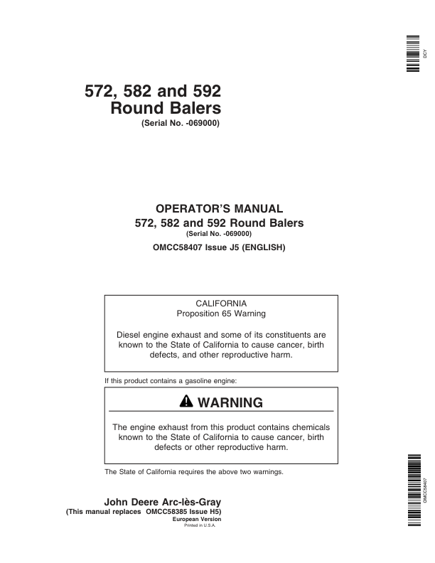 John Deere 572, 582, 592 Round Balers Operator’s Manual (OMCC58407) Workshop Guide