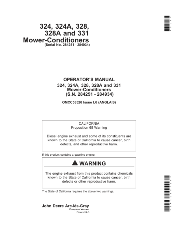 John Deere 324, 324A, 328, 328A, 331 Mower-Conditioners Operator’s Manual (OMCC58526) Workshop Guide
