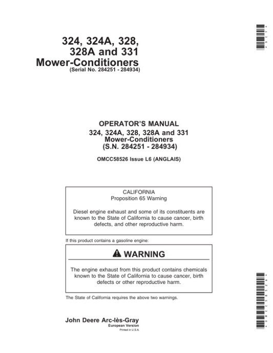 John Deere 324, 324A, 328, 328A, 331 Mower-Conditioners Operator’s Manual (OMCC58526) Workshop Guide