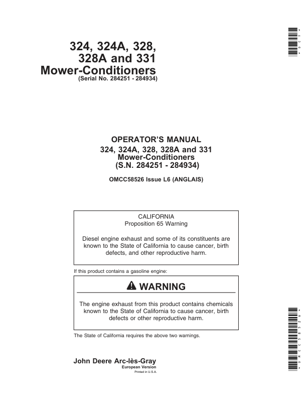 John Deere 324, 324A, 328, 328A, 331 Mower-Conditioners Operator’s Manual (OMCC58526) Workshop Guide