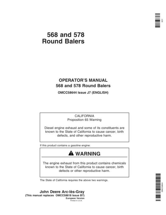 John Deere 568, 578 Round Balers Operator’s Manual (OMCC58644) Workshop Guide