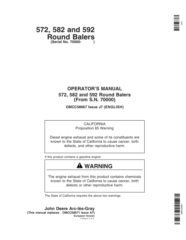 John Deere 572, 582 & 592 Round Balers Operator’s Manual (OMCC58667) Workshop Guide
