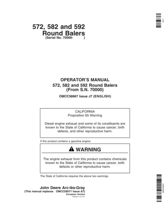 John Deere 572, 582 & 592 Round Balers Operator’s Manual (OMCC58667) Workshop Guide