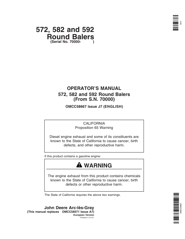 John Deere 572, 582 & 592 Round Balers Operator’s Manual (OMCC58667) Workshop Guide