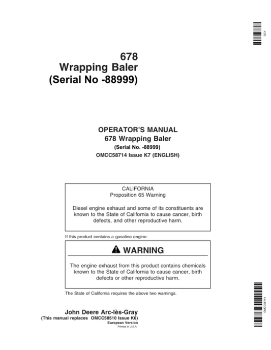John Deere 678 Wrapping Baler Operator’s Manual (OMCC58714) Workshop Guide