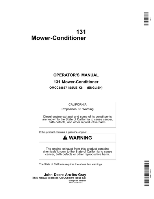 John Deere 131 Mower Conditioner Operator’s Manual (OMCC58837) Workshop Guide