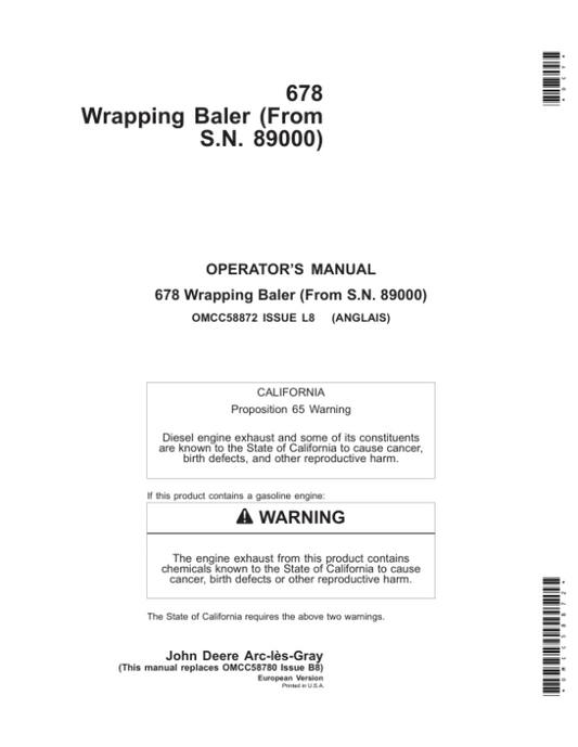 John Deere 678 Wrapping Baler Operator’s Manual (OMCC58872) Workshop Guide