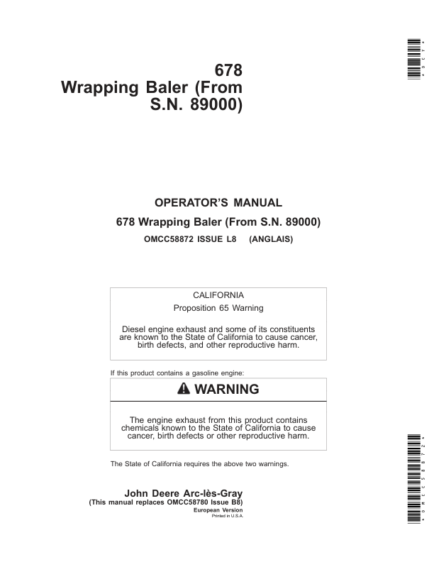 John Deere 678 Wrapping Baler Operator’s Manual (OMCC58872) Workshop Guide