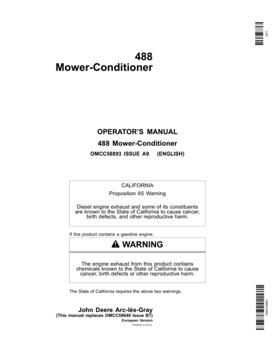 John Deere 488 Mower Conditioners Operator’s Manual (OMCC58893) Workshop Guide