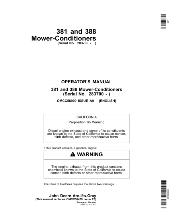 John Deere 381, 388 Mower Conditioner Operator’s Manual (OMCC58900) Workshop Guide