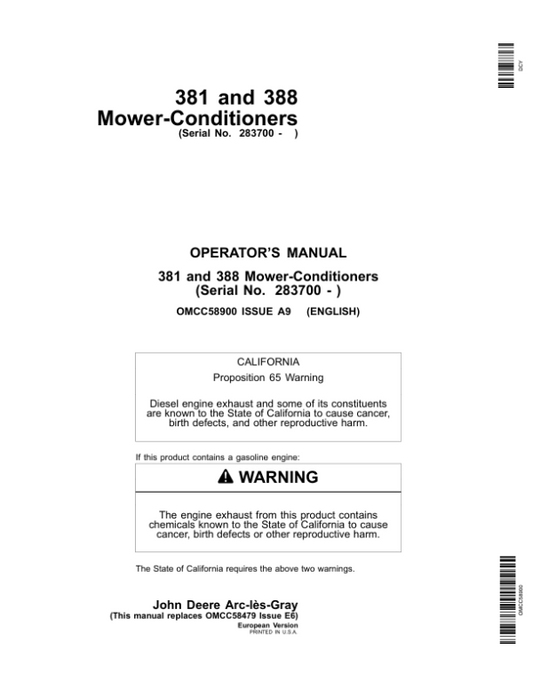 John Deere 381, 388 Mower Conditioner Operator’s Manual (OMCC58900) Workshop Guide