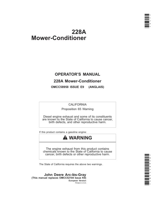 John Deere 228A Mower-Conditioner Operator’s Manual (OMCC58958) Workshop Guide