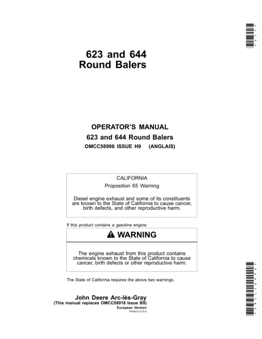 John Deere 623 & 644 Round Balers Operator’s Manual (OMCC58996) Workshop Guide