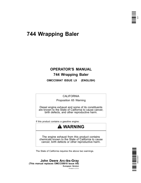 John Deere 744 Wrapping Baler Operator’s Manual (OMCC59047) Workshop Guide